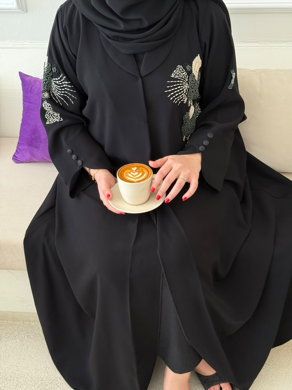 Midnight Bloom — black abaya with silver floral and bird embroidery